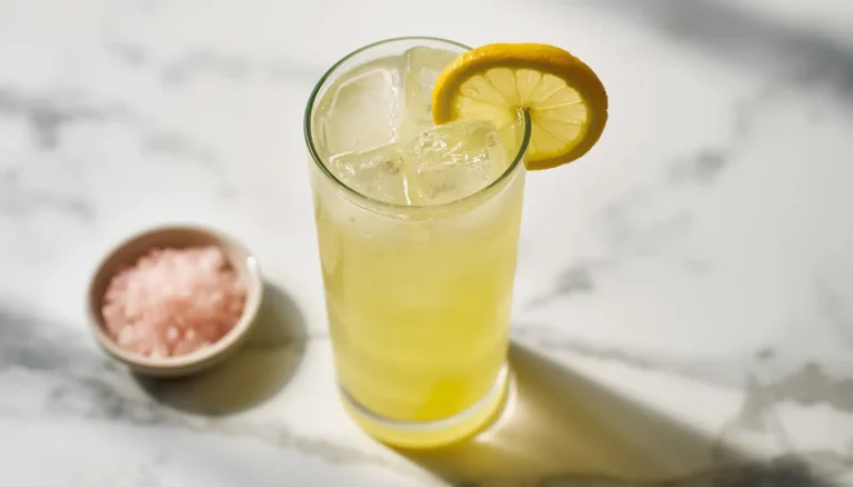 Homemade electrolyte drink recipe served in a tall glass with lemon slice and pink Himalayan salt on a marble surface