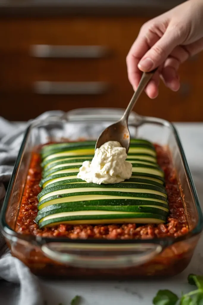 Keto Zucchini Lasagna 3 Layering thin zucchini strips and ricotta filling in a baking dish to make keto zucchini lasagna