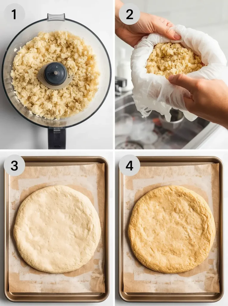 Step-by-step process of making cauliflower pizza crust from ricing to pre-baking