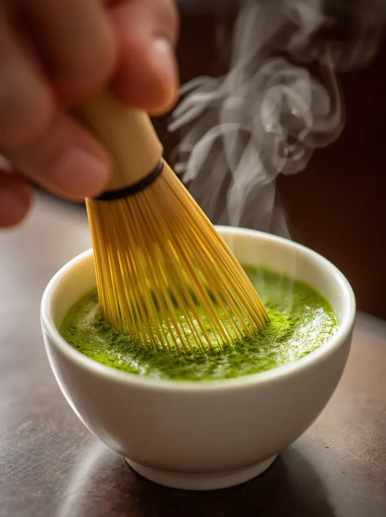 Whisking matcha powder and hot water with a bamboo chasen to make an iced matcha latte recipe
