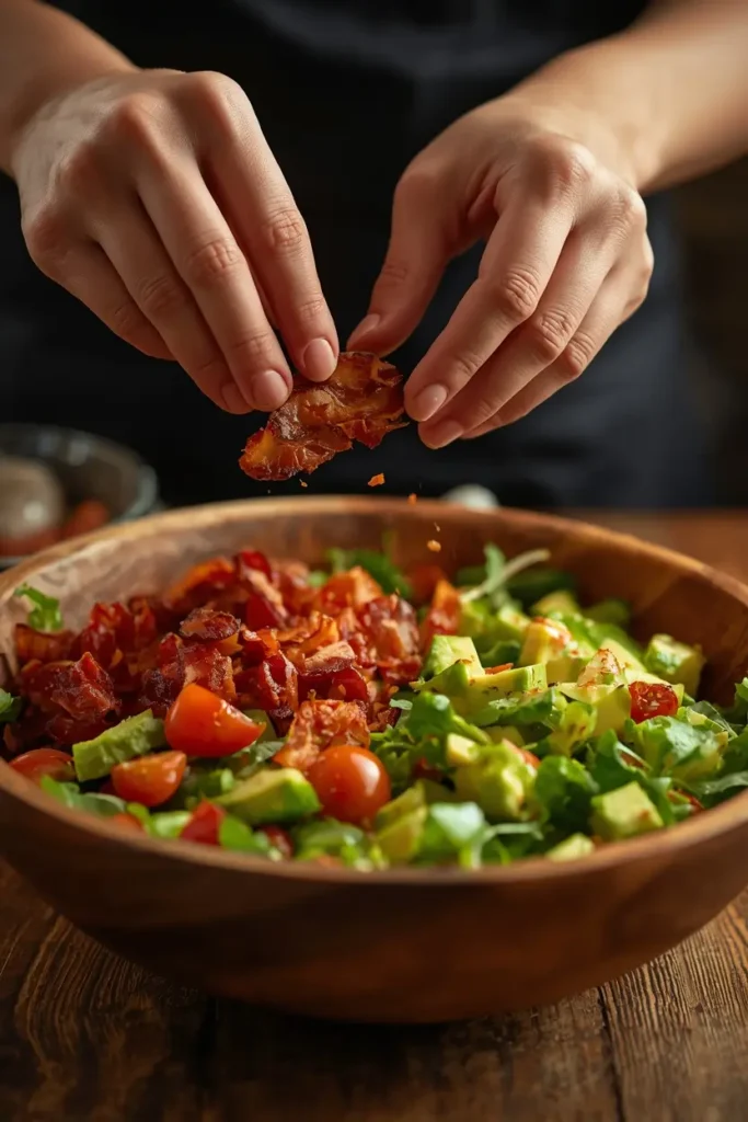 Hands crumbling crispy bacon over a bowl while assembling a keto BLT salad with avocado and tomatoes
