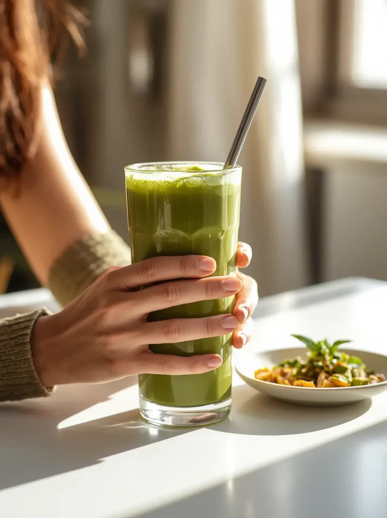 Iced matcha latte recipe served as part of a keto low-carb breakfast on a bright kitchen table

