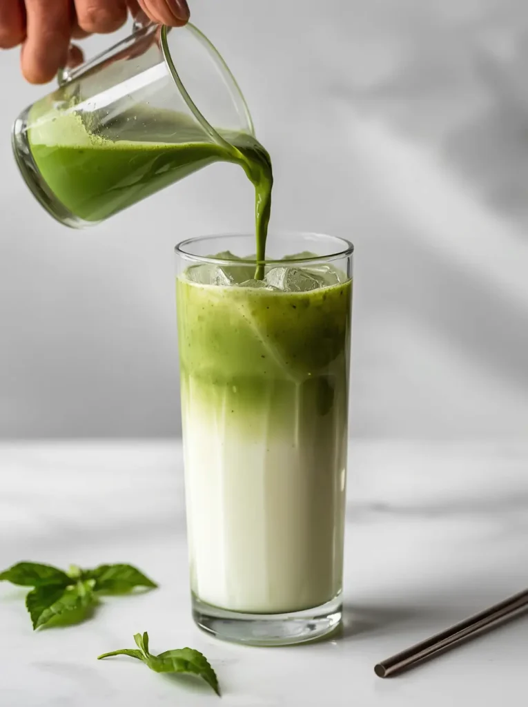 Pouring matcha concentrate over almond milk and ice to create a layered iced matcha latte
