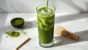 Iced Matcha Latte Recipe Iced matcha latte recipe served in a tall glass with crushed ice on a white marble surface