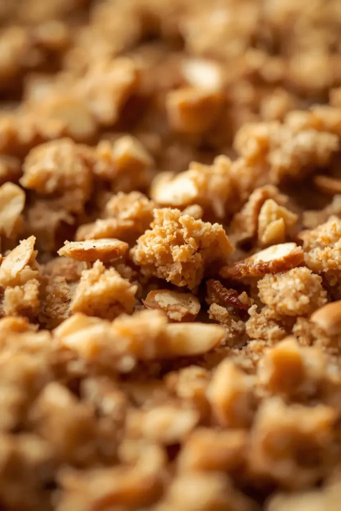 Close-up of golden almond flour crisp topping on a keto apple crisp dessert