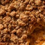 Keto apple crisp in a rustic ceramic baking dish fresh out of the oven