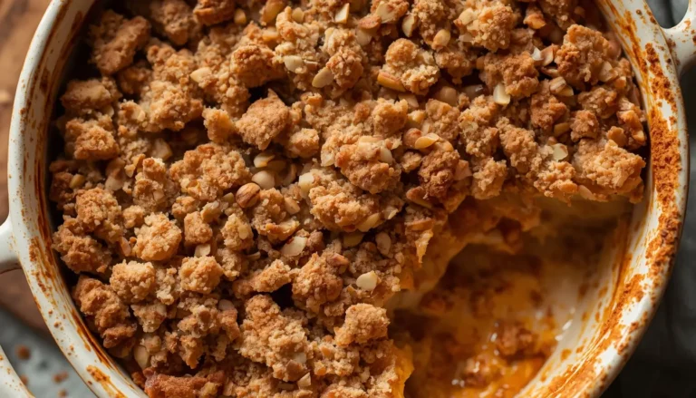 Keto apple crisp in a rustic ceramic baking dish fresh out of the oven