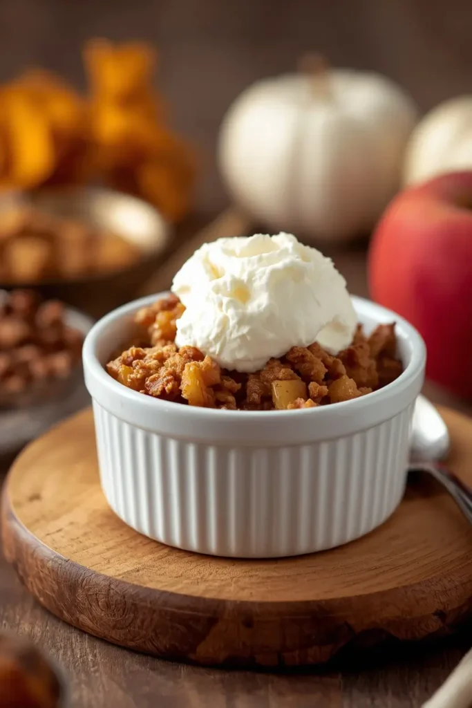 Single serving of keto apple crisp topped with whipped cream in a white ramekin