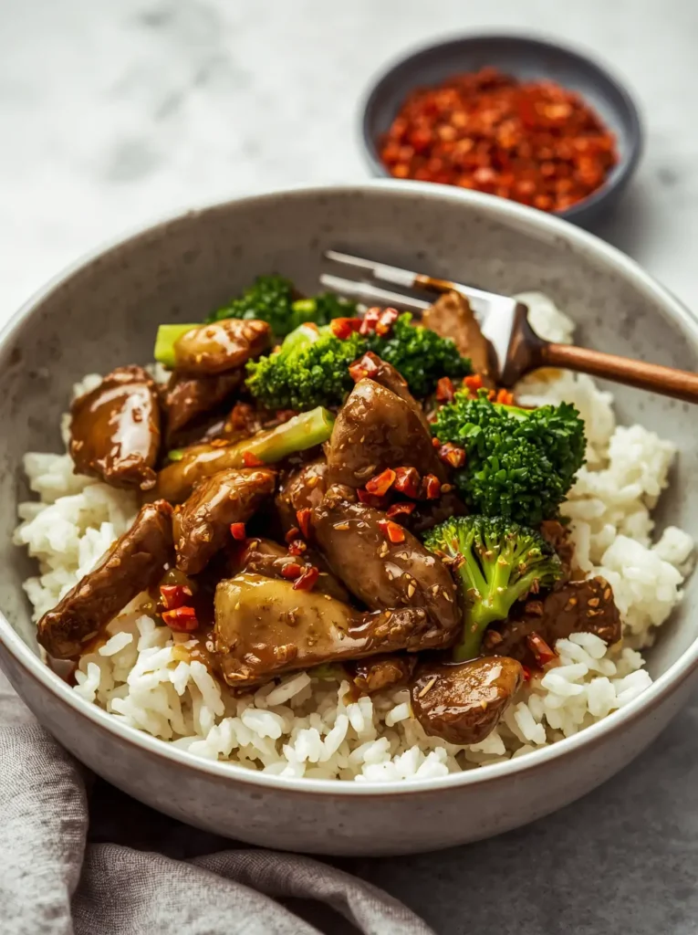 Beef and Broccoli Stir Fry 3 Keto beef and broccoli stir fry served over cauliflower rice in a shallow bowl
