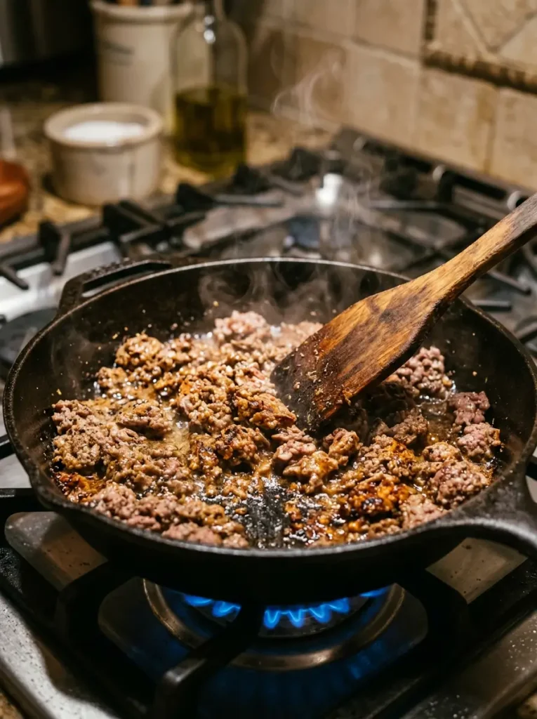 Big Mac Salad 3 Seasoned ground beef browning in a cast iron skillet for a keto big mac salad recipe