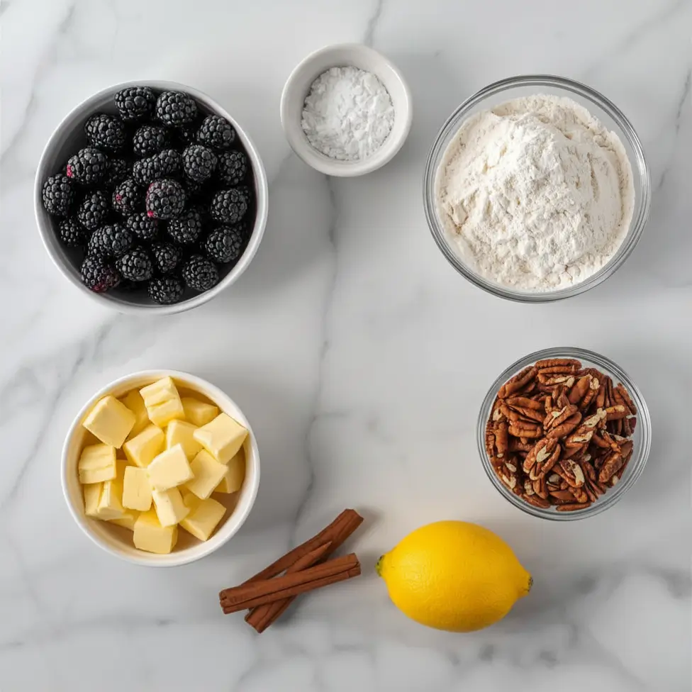 Fresh ingredients for keto blackberry crumble including almond flour, blackberries, and erythritol