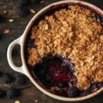 Keto blackberry crumble in a rustic baking dish with golden almond flour topping