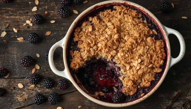 Keto blackberry crumble in a rustic baking dish with golden almond flour topping