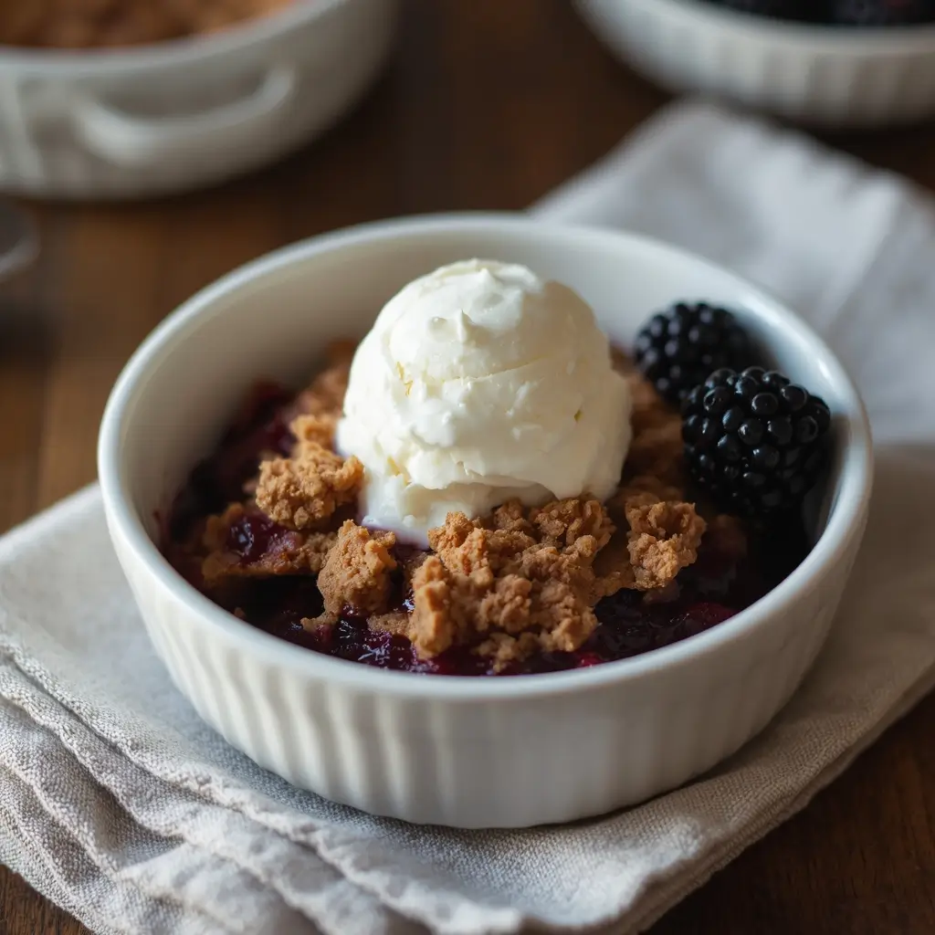Single serving of keto blackberry crumble topped with whipped cream in a white bowl