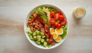 Keto BLT Salad Keto BLT salad in a white bowl with crispy bacon, avocado, cherry tomatoes, and romaine lettuce