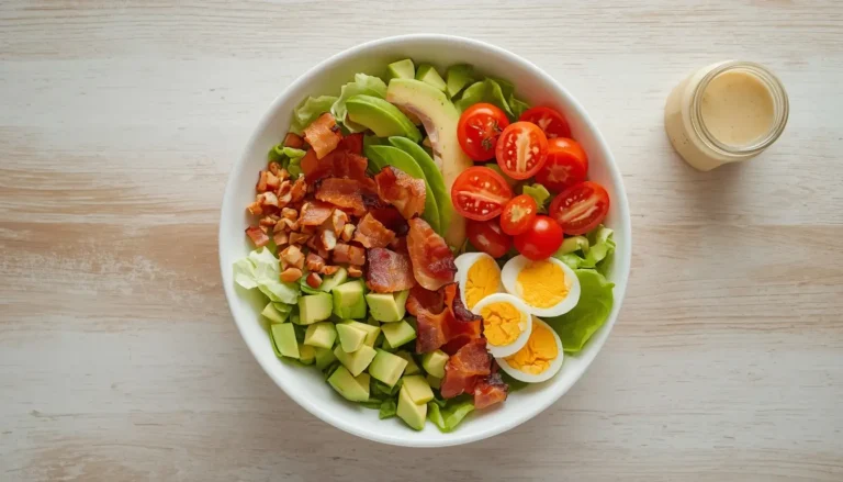 Keto BLT salad in a white bowl with crispy bacon, avocado, cherry tomatoes, and romaine lettuce