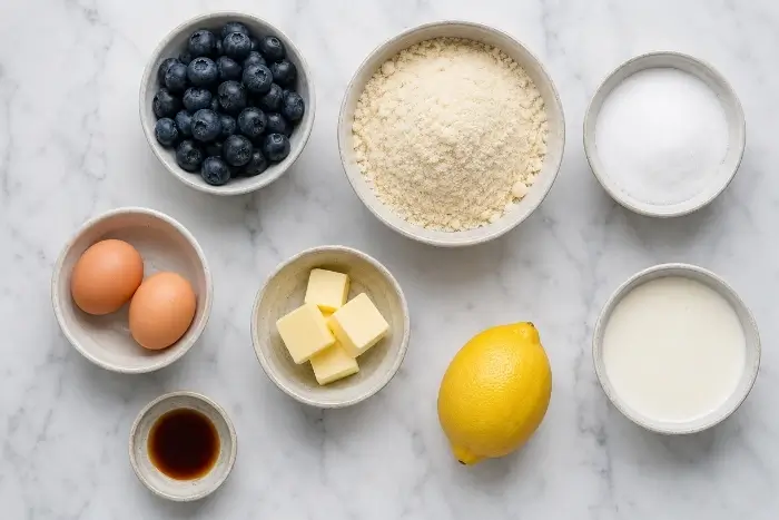 Ingredients for keto blueberry cobbler recipe including almond flour, blueberries, and erythritol

