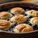 Keto blueberry cobbler in a rustic baking dish fresh from the oven