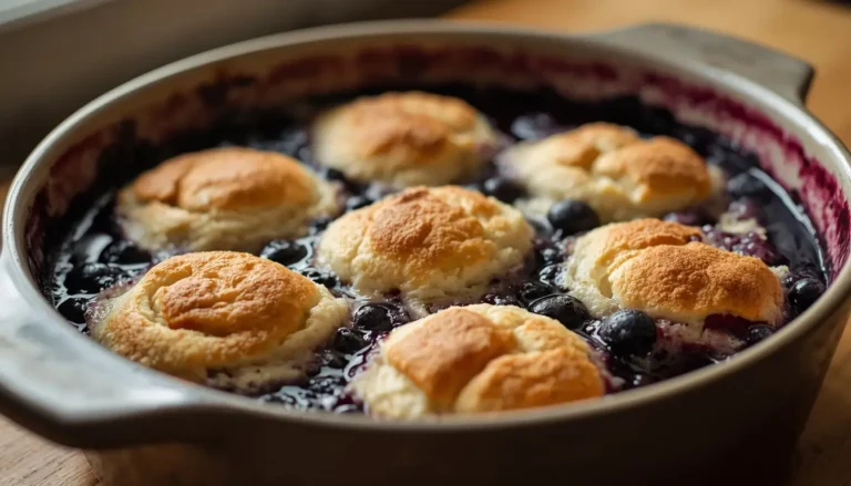 Keto blueberry cobbler in a rustic baking dish fresh from the oven