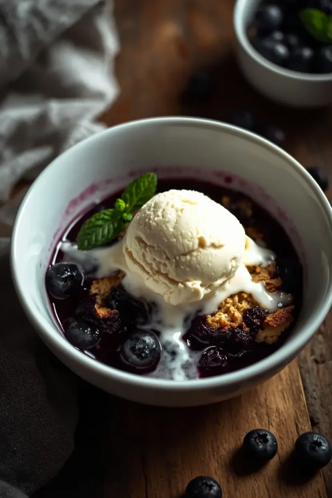 Single serving of keto blueberry cobbler topped with sugar-free vanilla ice cream