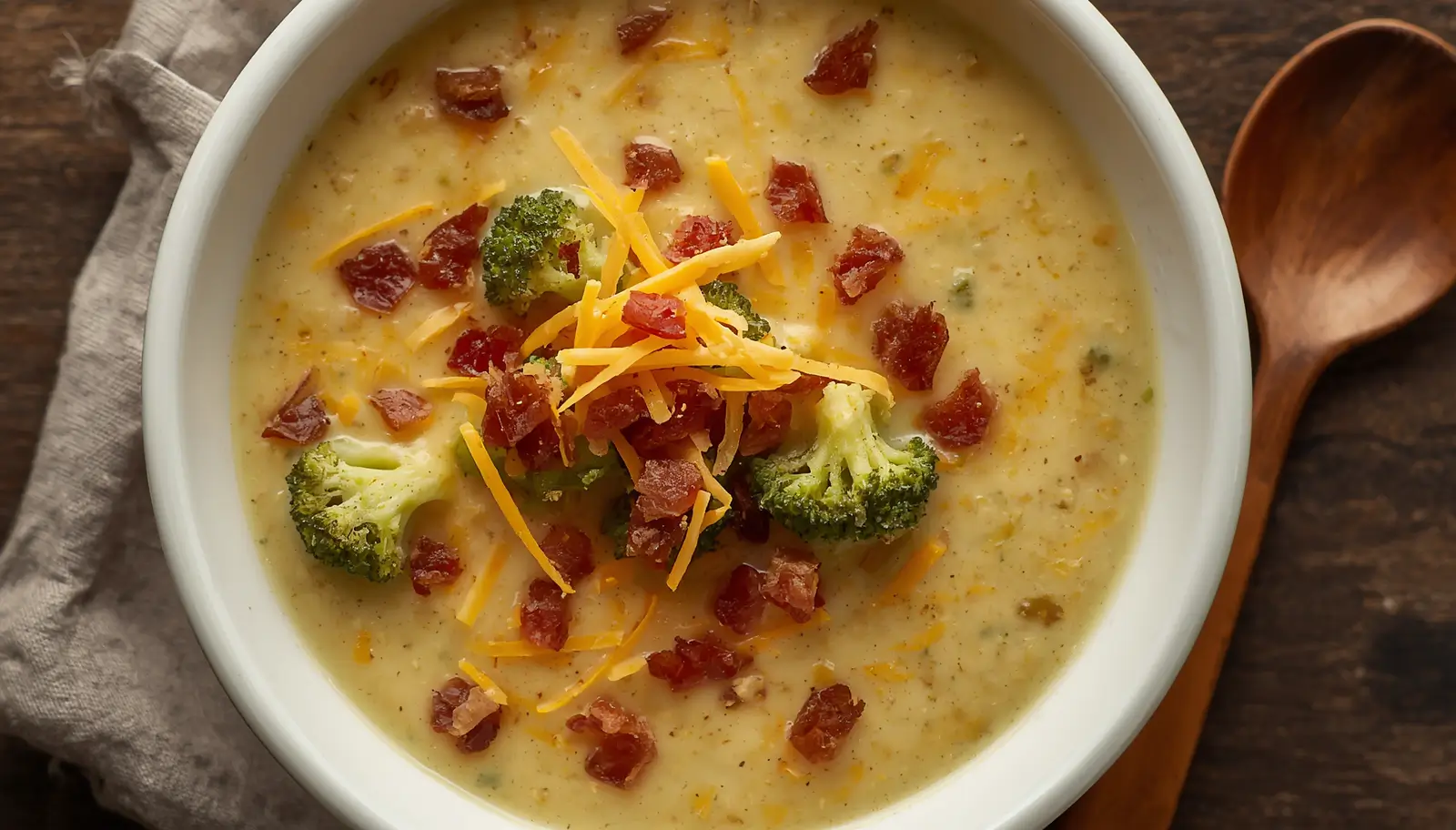 Keto Broccoli Cheese Soup 1 Creamy keto broccoli cheese soup served in a white bowl topped with shredded cheddar and bacon
