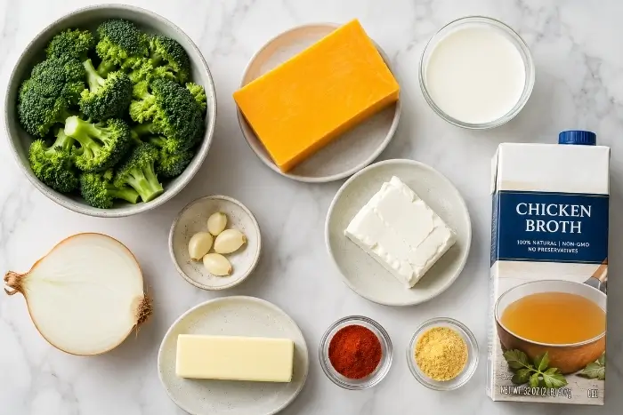Keto Broccoli Cheese Soup 2 Fresh ingredients for easy broccoli cheese soup including broccoli florets, cheddar cheese, heavy cream, and butter arranged on marble