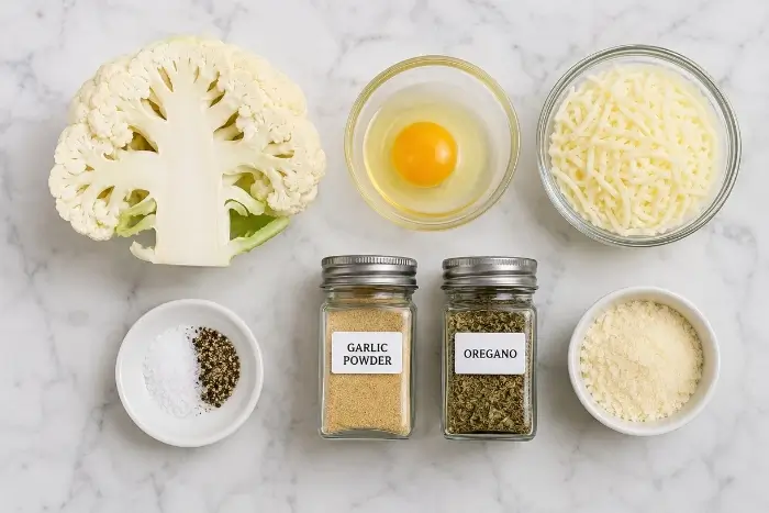 Ingredients for keto cauliflower pizza crust including cauliflower, egg, mozzarella, and spices