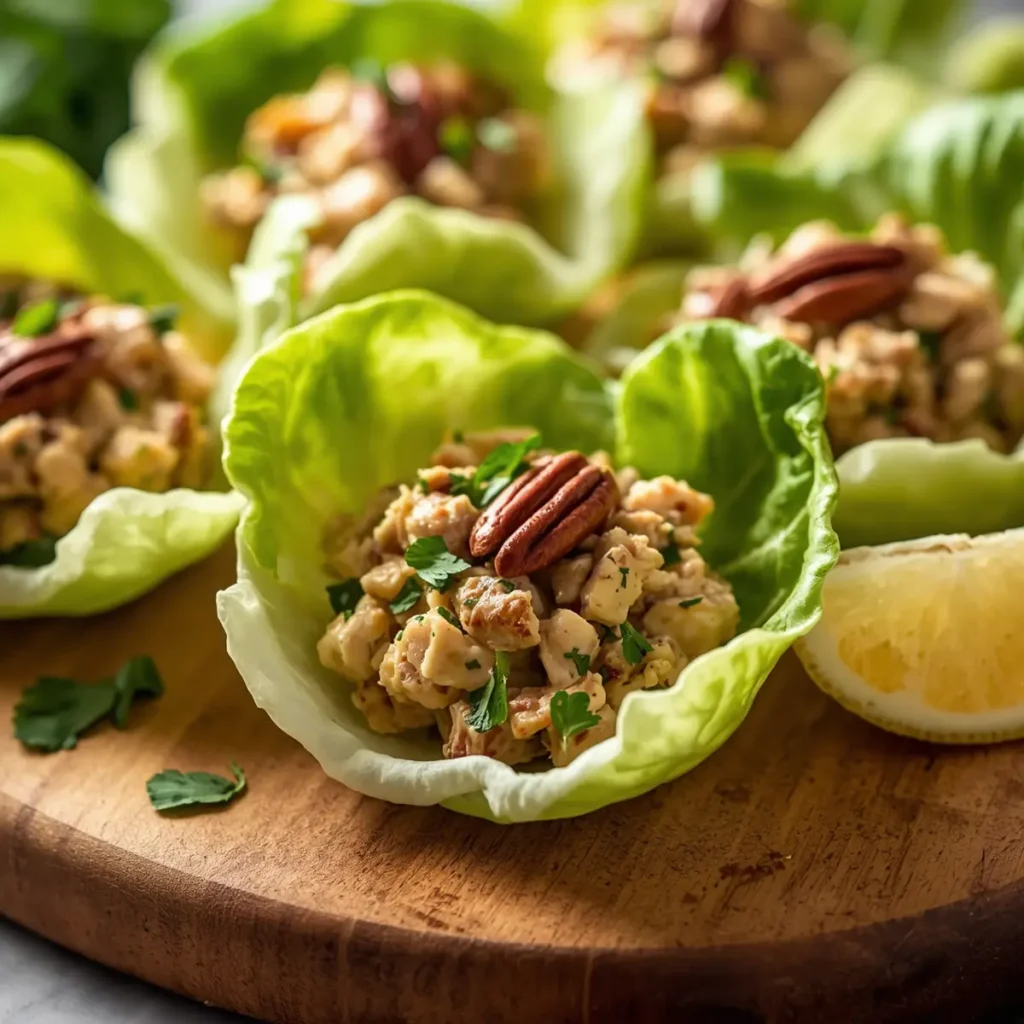 Keto Chicken Salad with Pecans 3 Keto chicken salad with pecans served in butter lettuce wraps on a wooden board
