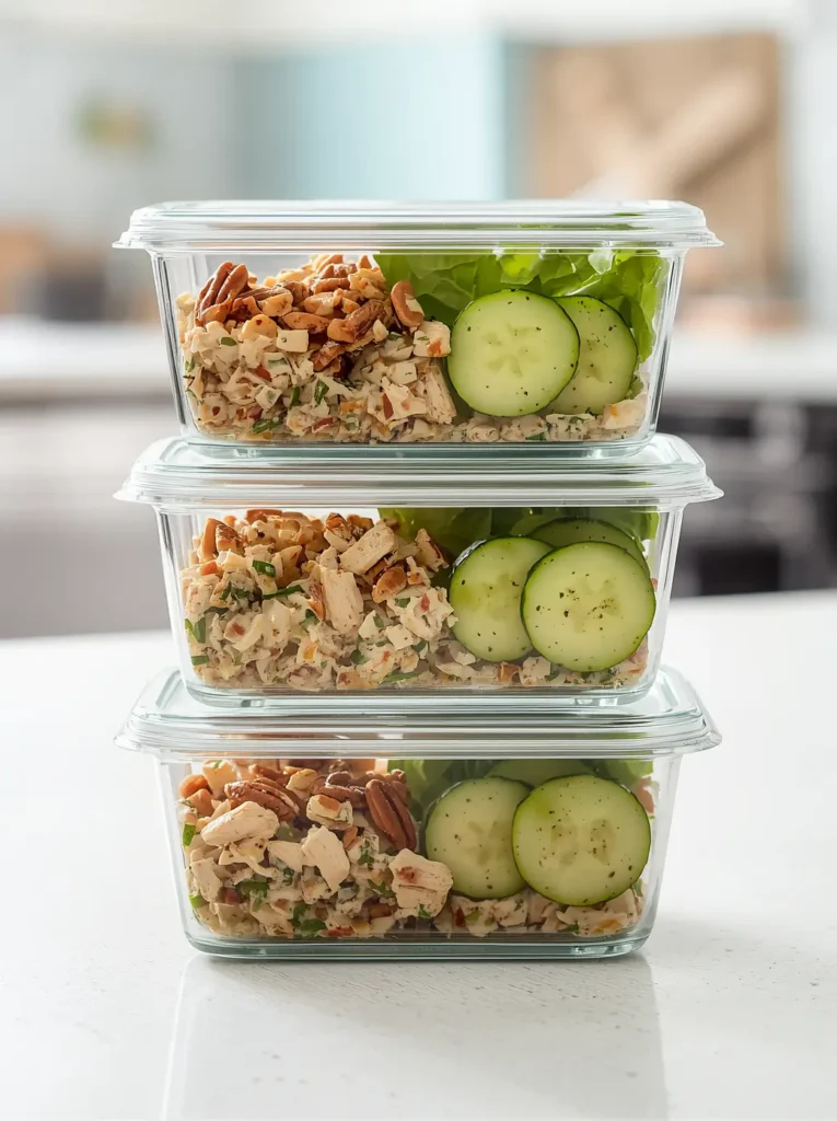 Keto Chicken Salad with Pecans 4 Keto chicken salad with pecans portioned into glass meal prep containers with cucumber slices and lettuce