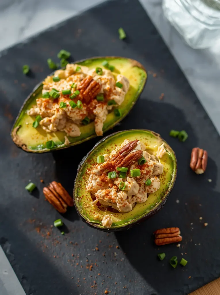 Keto Chicken Salad with Pecans 2 Keto chicken salad with pecans stuffed inside avocado halves on a slate serving board