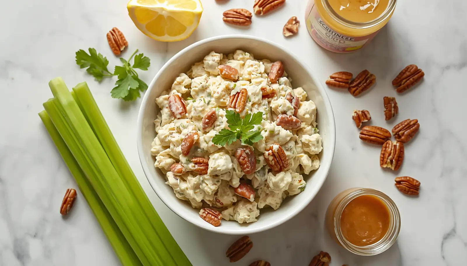 Keto Chicken Salad with Pecans 1 Keto chicken salad with pecans served in a white bowl with celery and lemon on a marble surface