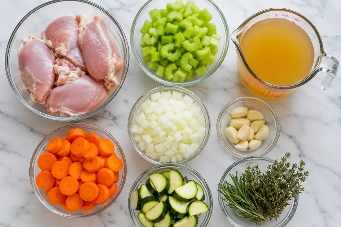 Flatlay of fresh ingredients for keto chicken soup including raw chicken thighs, zucchini, celery, garlic, and herbs on a marble surface.