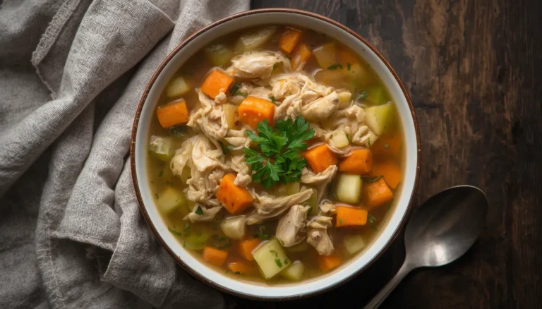 A bowl of keto chicken soup with shredded chicken, zucchini, and celery in golden broth, garnished with fresh parsley.