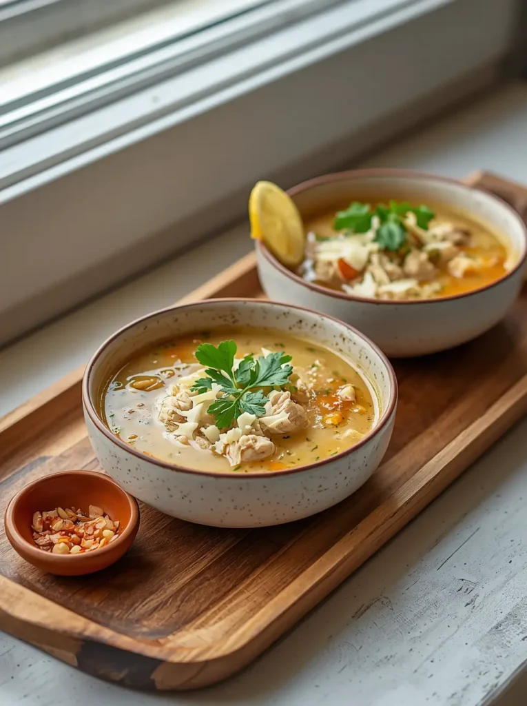 Two bowls of keto chicken soup garnished with parsley, lemon wedge, and parmesan on a rustic wooden tray.