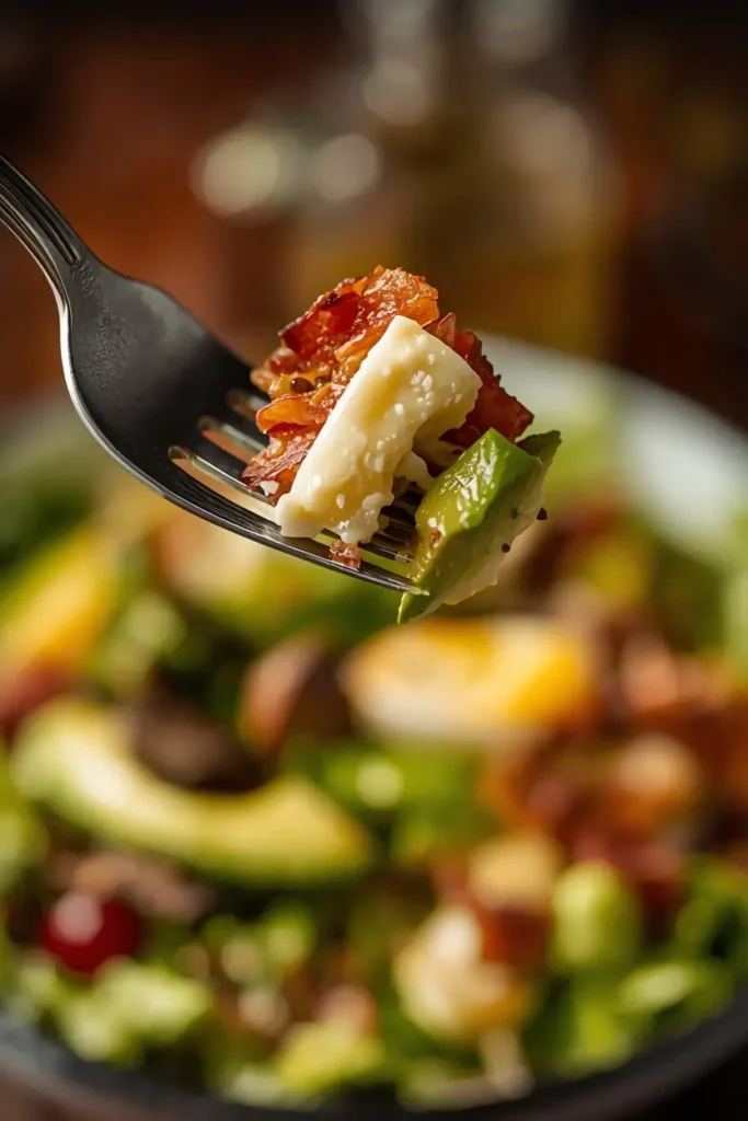 Keto Cobb Salad with Avocado 4 Close-up of a fork lifting a bite of keto Cobb salad with avocado, bacon, and egg