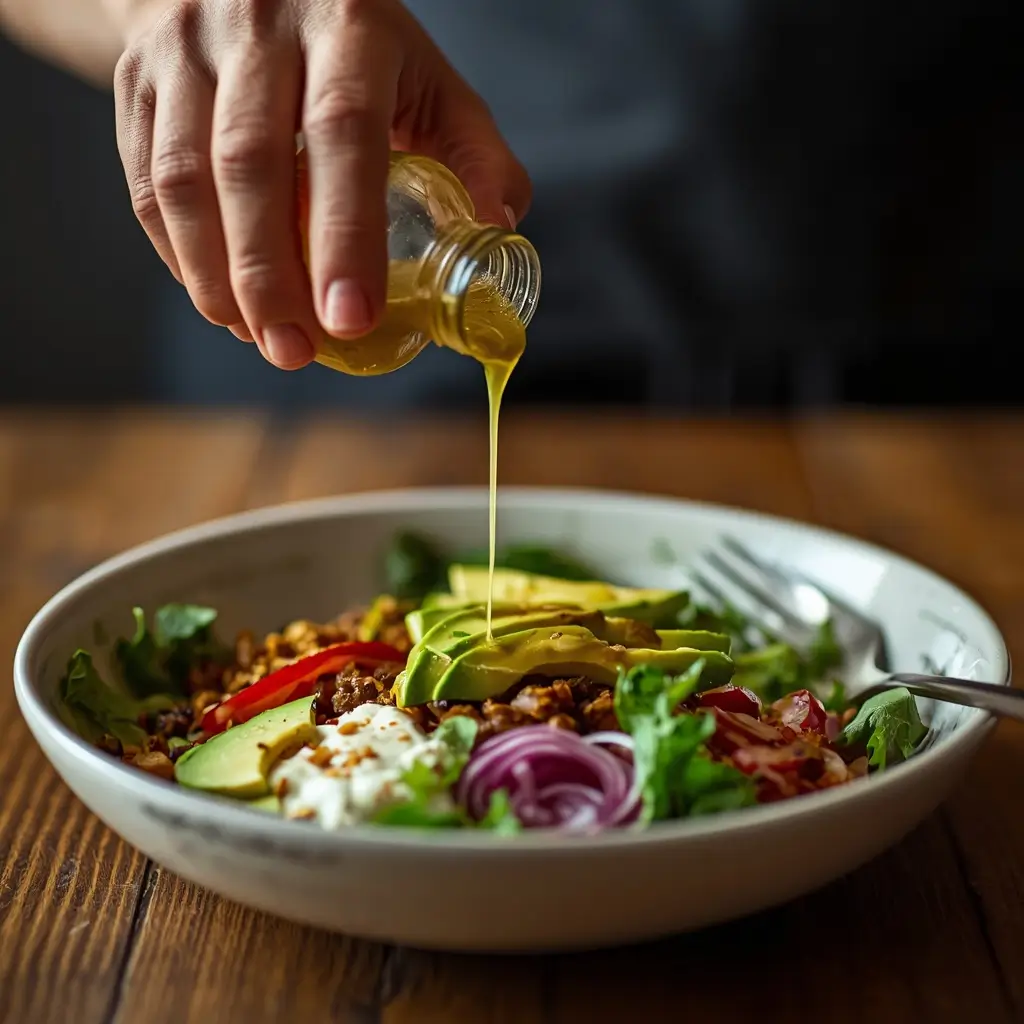 Keto Cobb Salad with Avocado 3 Drizzling homemade vinaigrette dressing over a keto Cobb salad with avocado