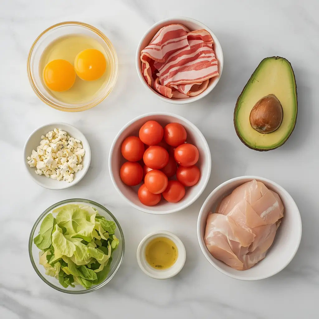 Keto Cobb Salad with Avocado 2 Fresh ingredients for a keto Cobb salad recipe including avocado, eggs, bacon, chicken, and romaine lettuce