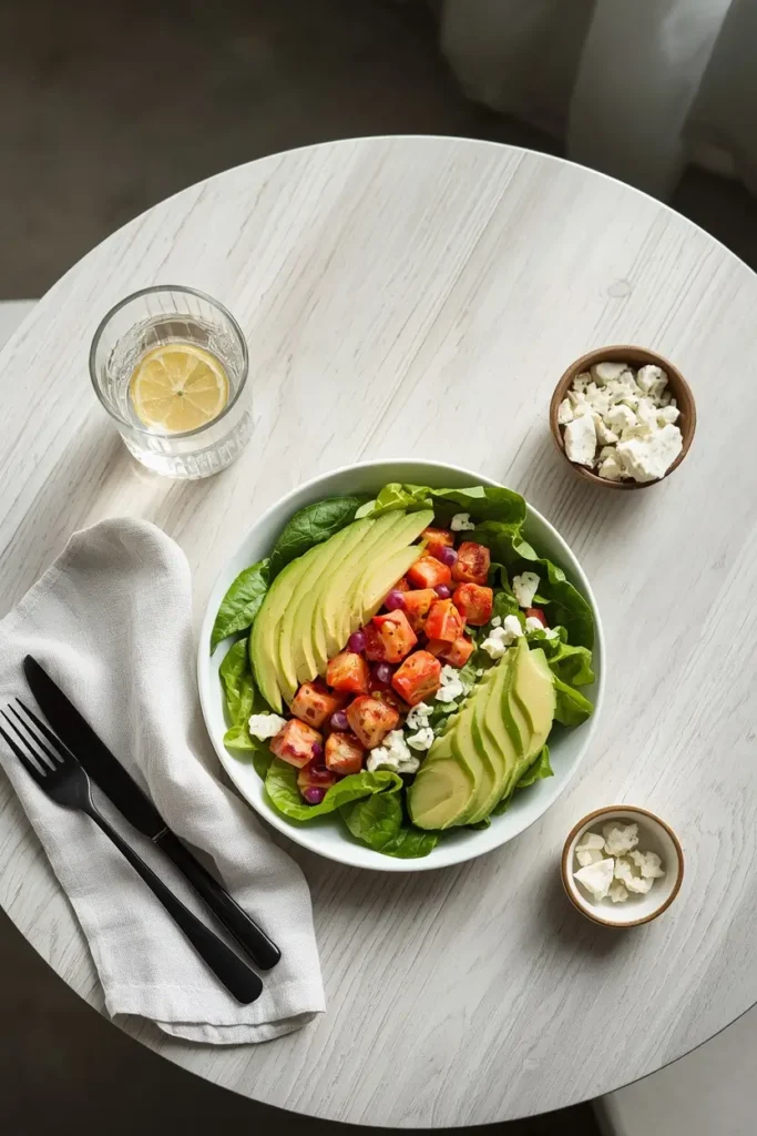 Keto Cobb Salad with Avocado 5 Keto Cobb salad with avocado served on a wooden table with sparkling water and blue cheese on the side
