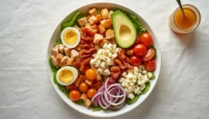 Keto Cobb Salad with Avocado Keto Cobb salad with avocado in a white bowl with rows of eggs, bacon, chicken, and cherry tomatoes