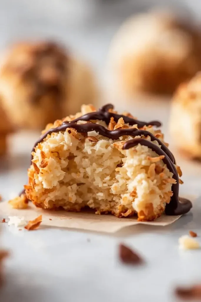 Close-up of a keto coconut macaroon broken in half showing chewy toasted coconut interior with chocolate drizzle