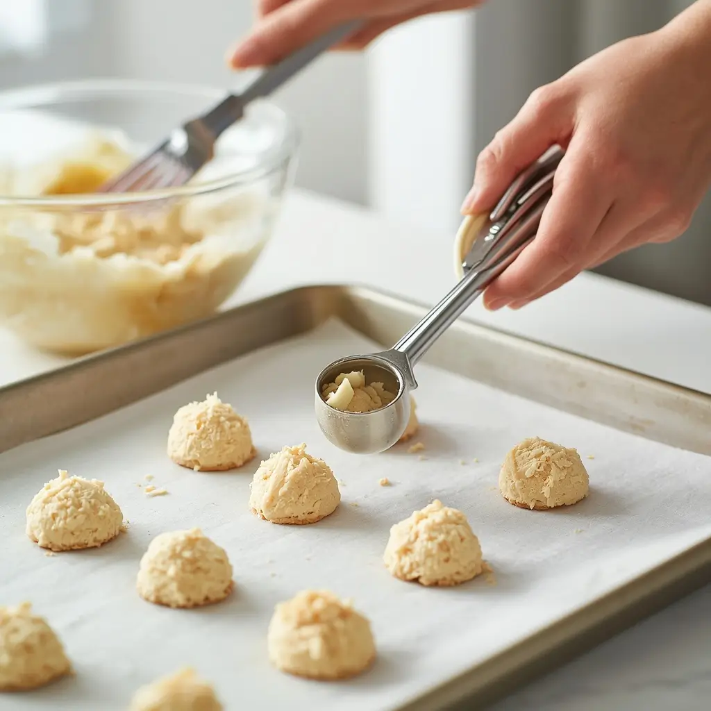 Scooping keto coconut macaroon batter onto a parchment-lined baking sheet