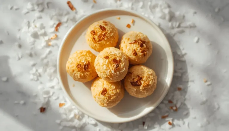 Keto coconut macaroons on a white plate with shredded coconut on a marble surface