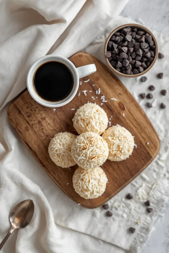 Keto coconut macaroons on a wooden board served with black coffee and dark chocolate chips