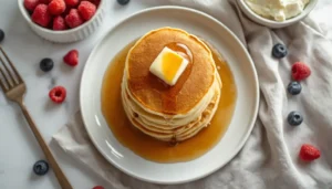 Keto Cottage Cheese Pancakes Keto cottage cheese pancakes stacked on a white plate with butter and sugar-free maple syrup