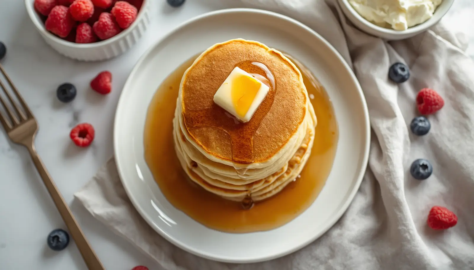 Keto Cottage Cheese Pancakes 1 Keto cottage cheese pancakes stacked on a white plate with butter and sugar-free maple syrup