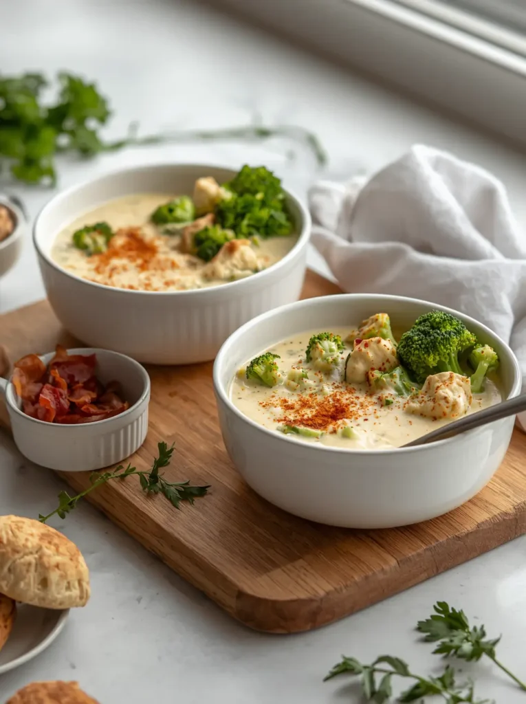 Keto Broccoli Cheese Soup 4 Two bowls of keto diet broccoli cheese soup garnished with paprika and cream served with almond flour rolls
