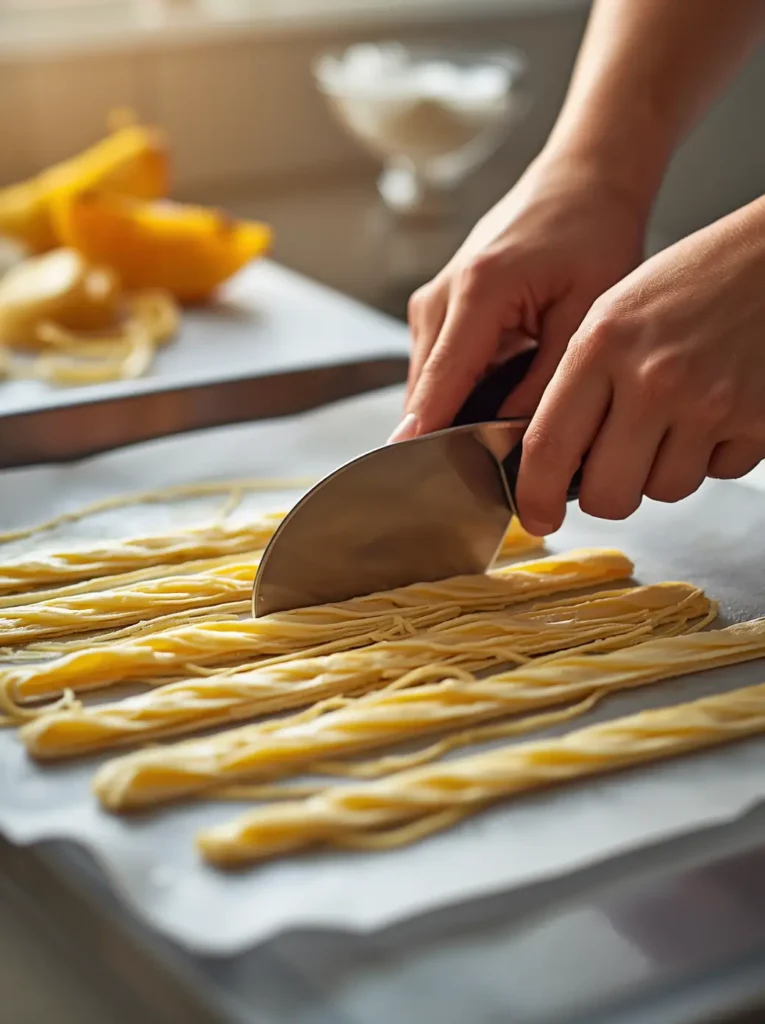 Keto Egg Noodles 3 Hands slicing a baked keto egg noodle sheet into thin strips using a pizza cutter on parchment paper