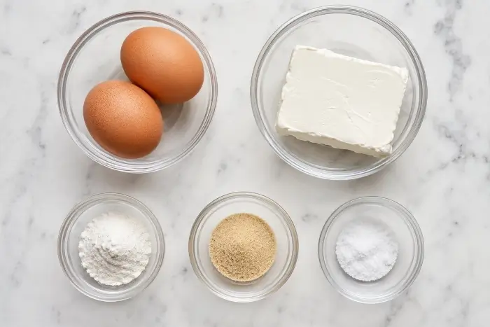 Keto Egg Noodles 2 Ingredients for keto egg noodles including eggs, cream cheese, xanthan gum, and garlic powder laid out on a marble surface