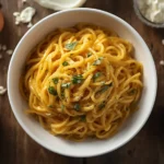 A bowl of homemade keto egg noodles tossed in herb butter, served on a rustic wooden table