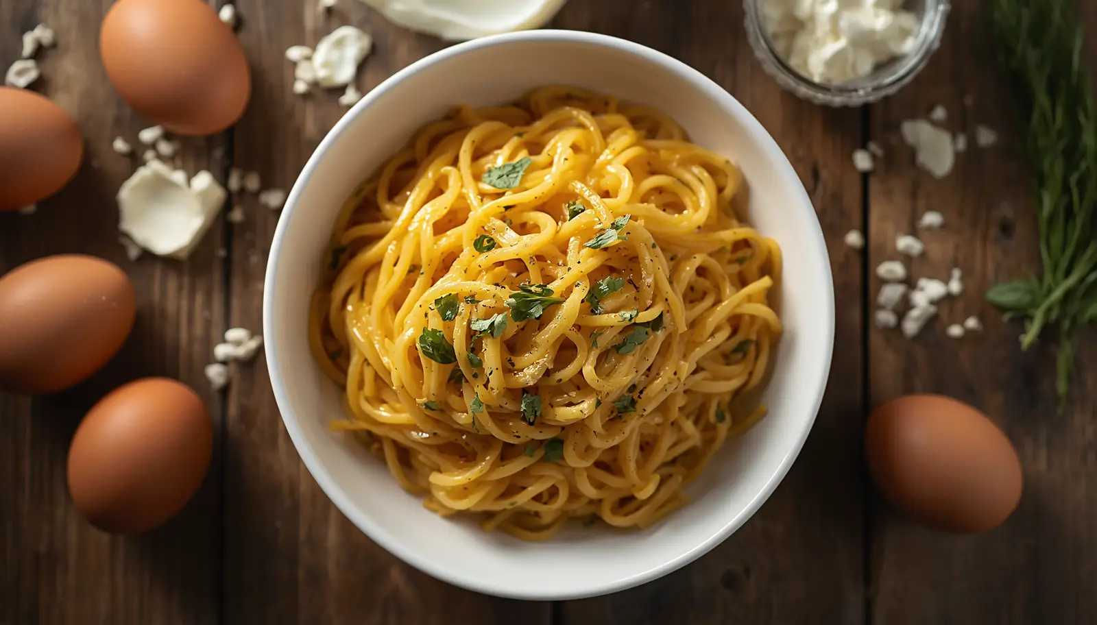 A bowl of homemade keto egg noodles tossed in herb butter, served on a rustic wooden table